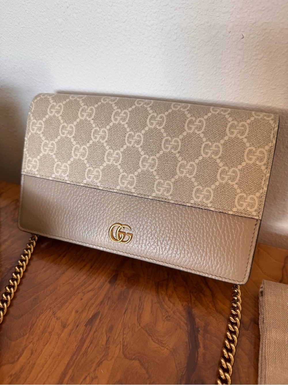 Gucci Beige GG Supreme Crossbody with Gold Chain